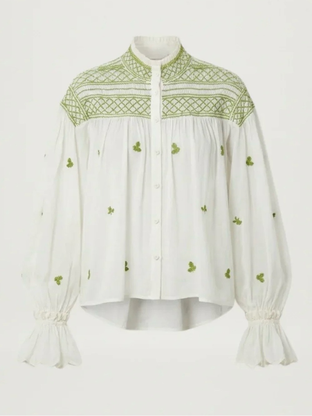 Scarlett Poppies Novelle Top Embroidered White Peasant Blouse Green Accents.